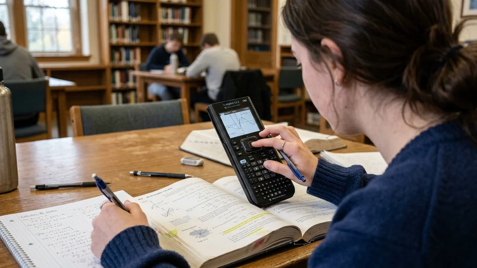 Student using a graphing calculator in a study library to perform statistical hypothesis testing