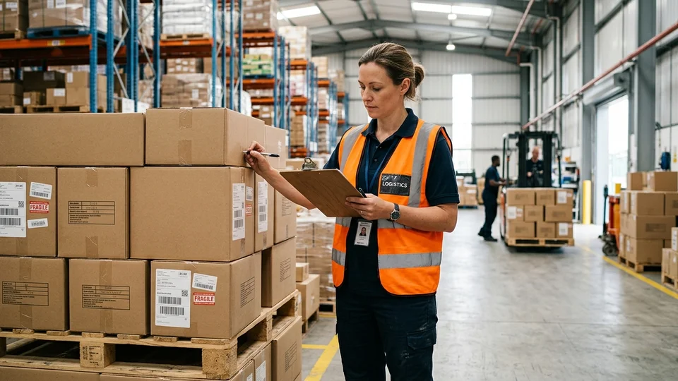 Logistics inspector conducting a sample audit with clipboard checklist next to shipping boxes