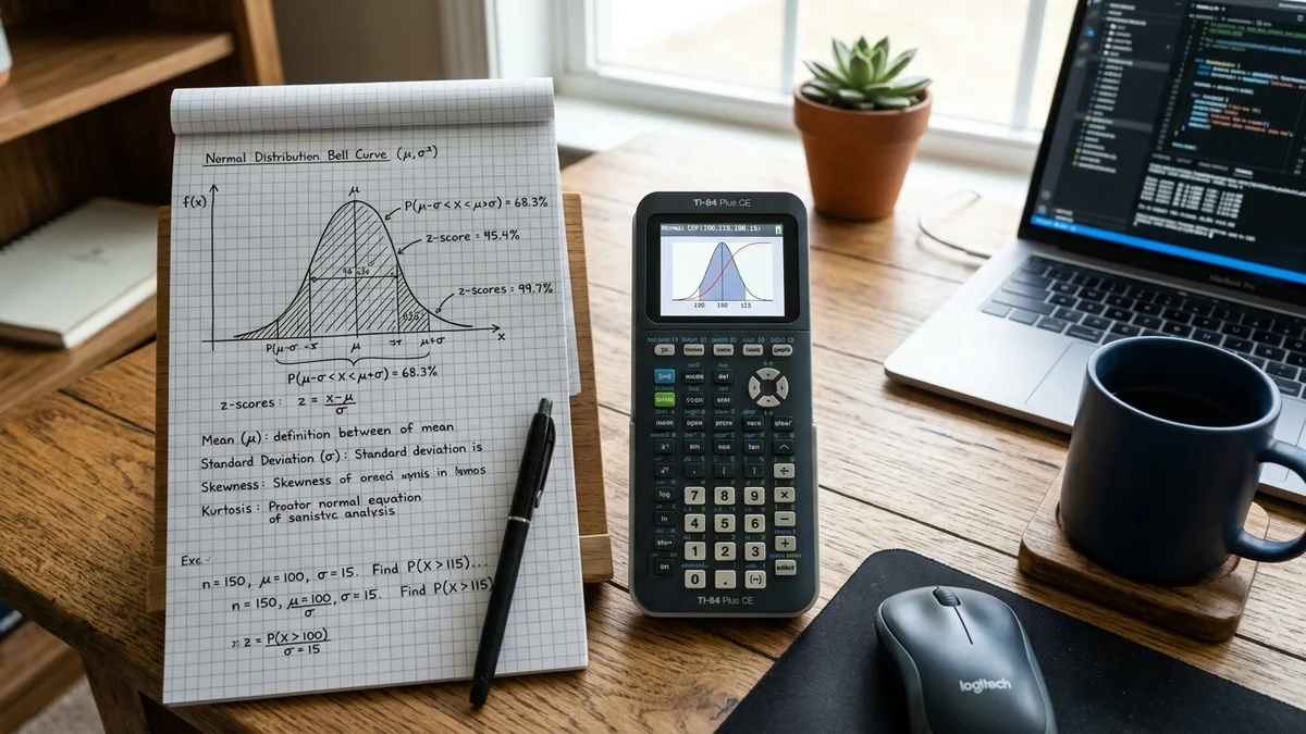 Statistical analyst workspace with graphing calculator, normal distribution bell curve notes, and data charts