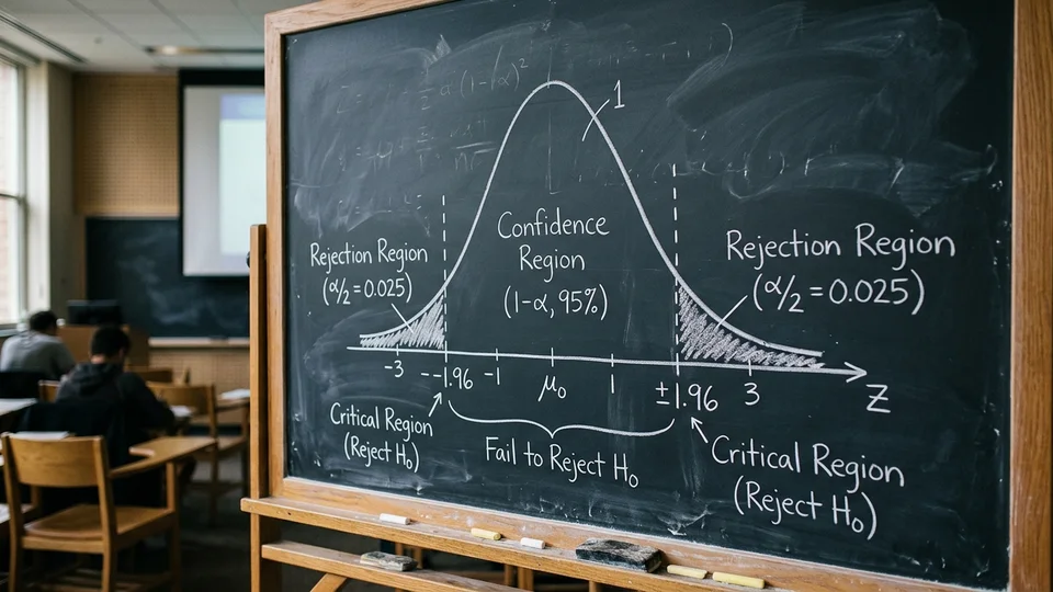 Chalkboard diagram of normal distribution bell curve showing rejection regions and critical z values