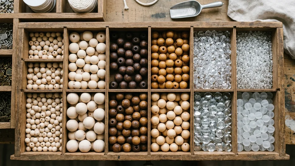 Artisan craft drawer organized with natural round wooden beads and clear glass beads