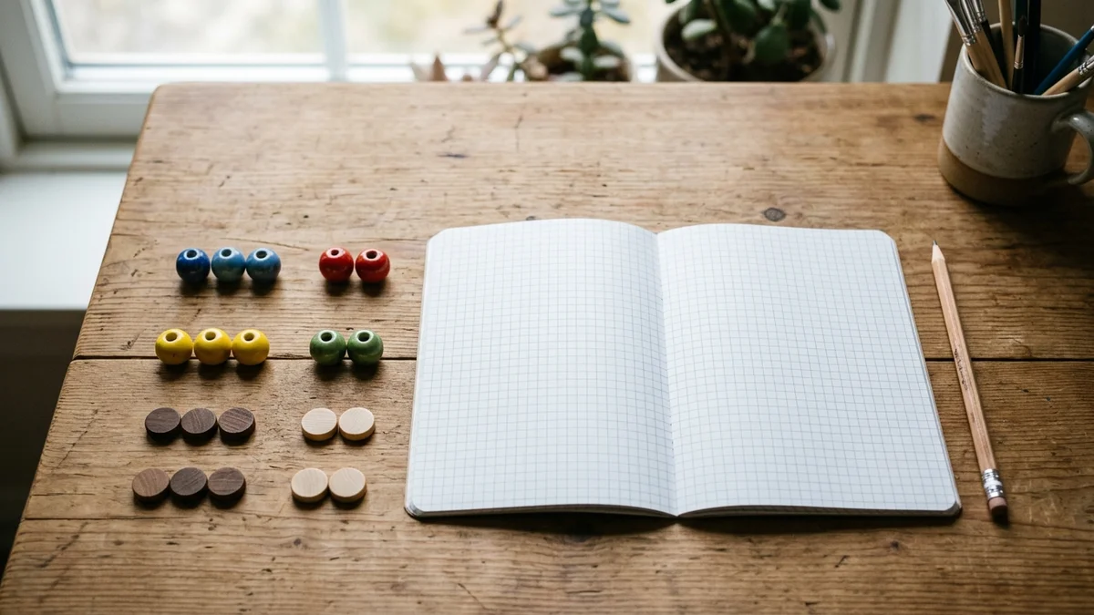 Photorealistic overhead view of ceramic counting beads organized in ratio groups beside an open notebook and pencil