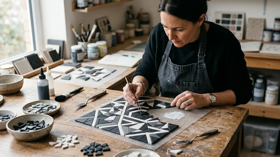 Artisan assembling a geometric mosaic design with black, white, and gray ceramic tiles