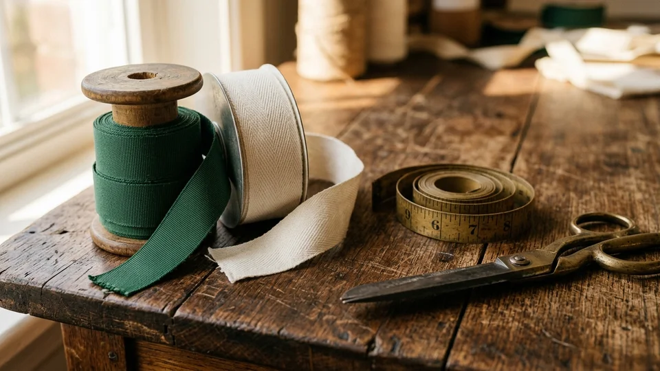 Rolls of green and ivory white fabric ribbon lying on a wooden craft workbench with a measuring tape