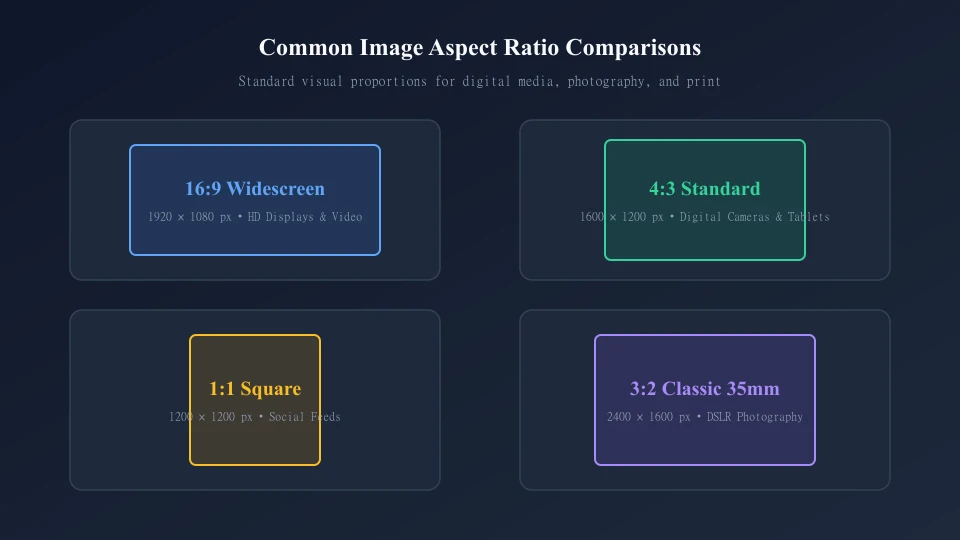 Graphic diagram comparing 16:9 widescreen, 4:3 standard, 1:1 square, and 3:2 photography aspect ratios