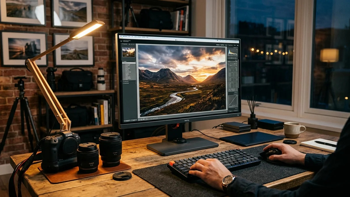 Photographer color-accurate editing workspace with landscape photography on wide monitor, camera gear, and keyboard