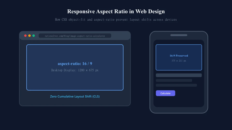 Responsive design diagram showing 16:9 aspect-ratio container behavior on desktop and mobile viewports