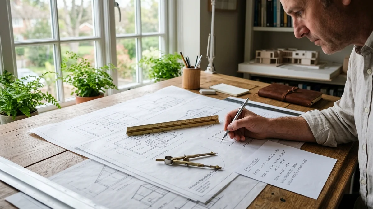 Architectural blueprint planning workspace with brass scale ruler, drafting compass, and ratio calculations