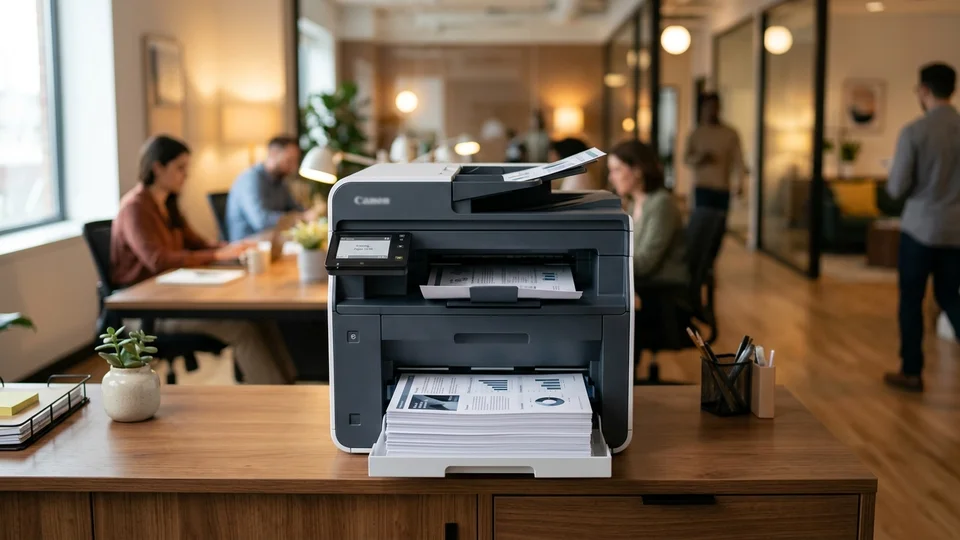 High-speed multifunction office laser printer with printed documents in output tray