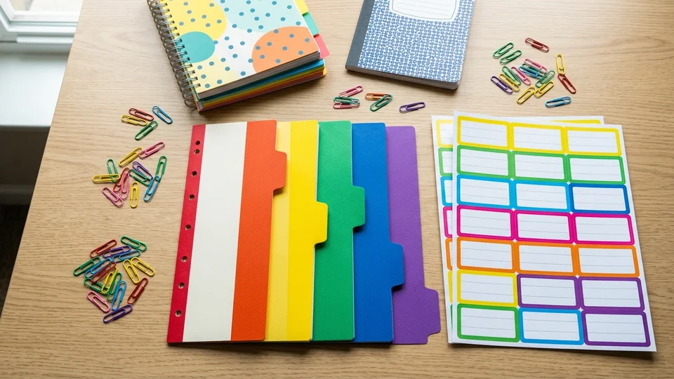 Stationery pack with colorful binder dividers, sheets of labels, and paper clips
