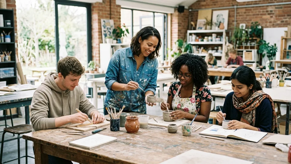 Artisan craft workshop instructor guiding students around studio pottery table