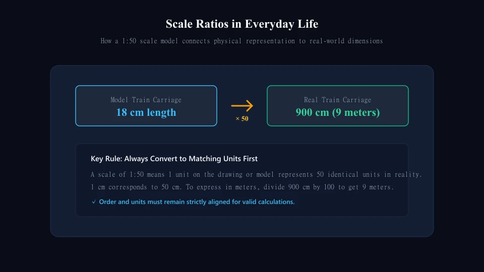 Scale model diagram illustrating a 1 to 50 ratio between an 18cm toy train carriage and a 9m real train